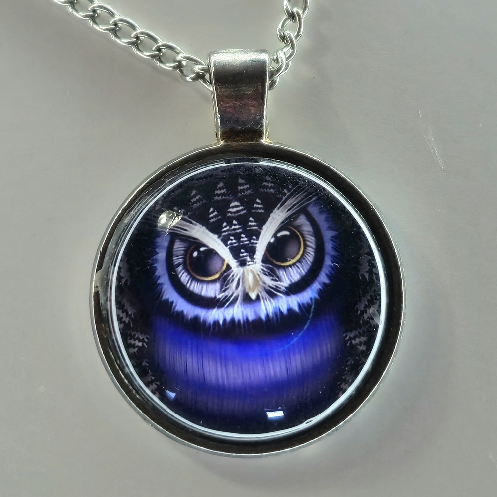 Purple Owl Glass Pendant Necklace 20" Silver Tone Chain Cabochon